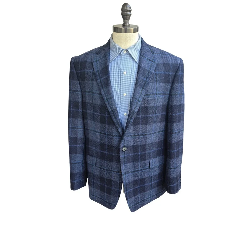 Lauren Ralph Lauren Mens 48 L Blue Plaid Tweed Wool Blazer Sport Coat Jacket